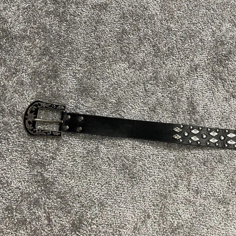 Unbranded Black Leather Belt Womens 46 Metal Studded Floral Buckle Ladies